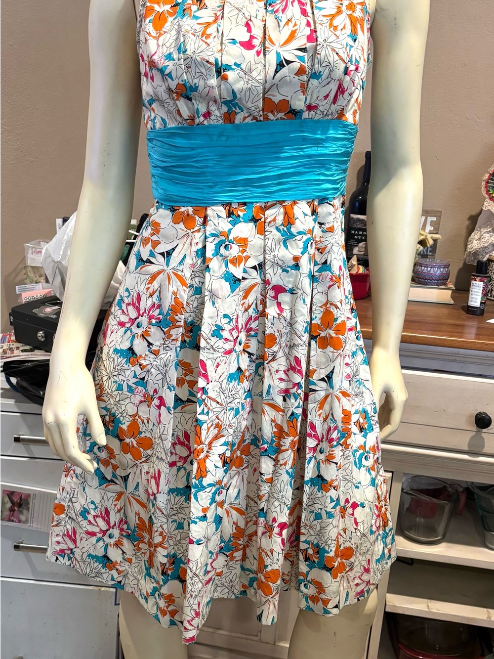 Tracy Reese White Floral Mini Dress with Turquoise Sash
